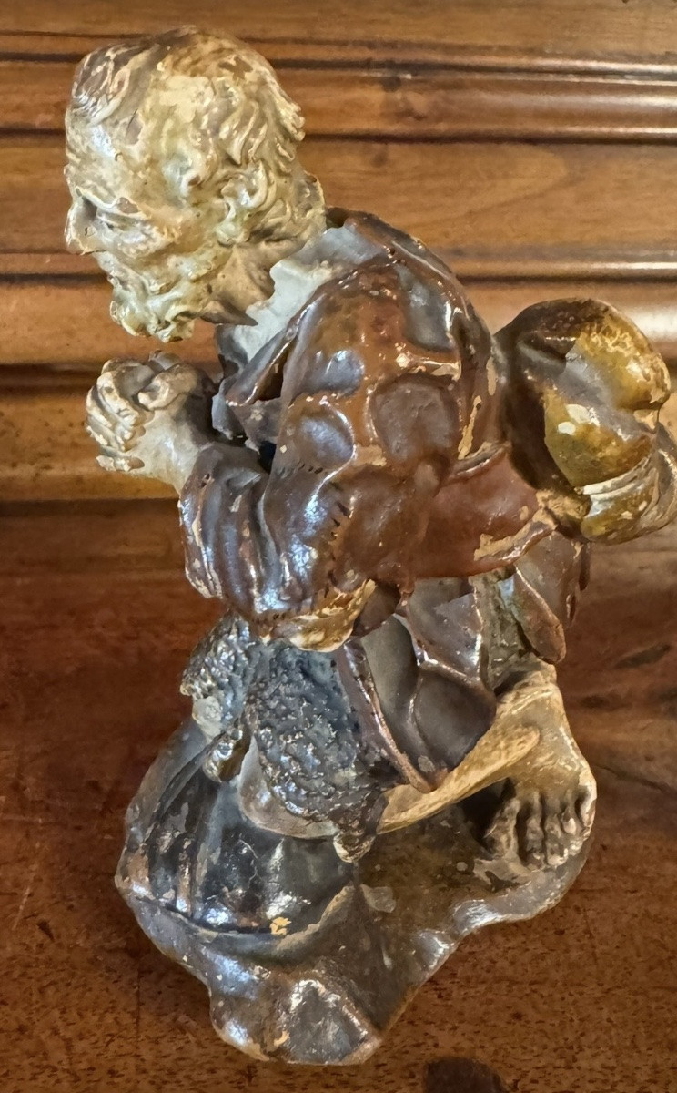 Shepherd In Adoration, Polychrome Terracotta From The 19th Century -photo-4