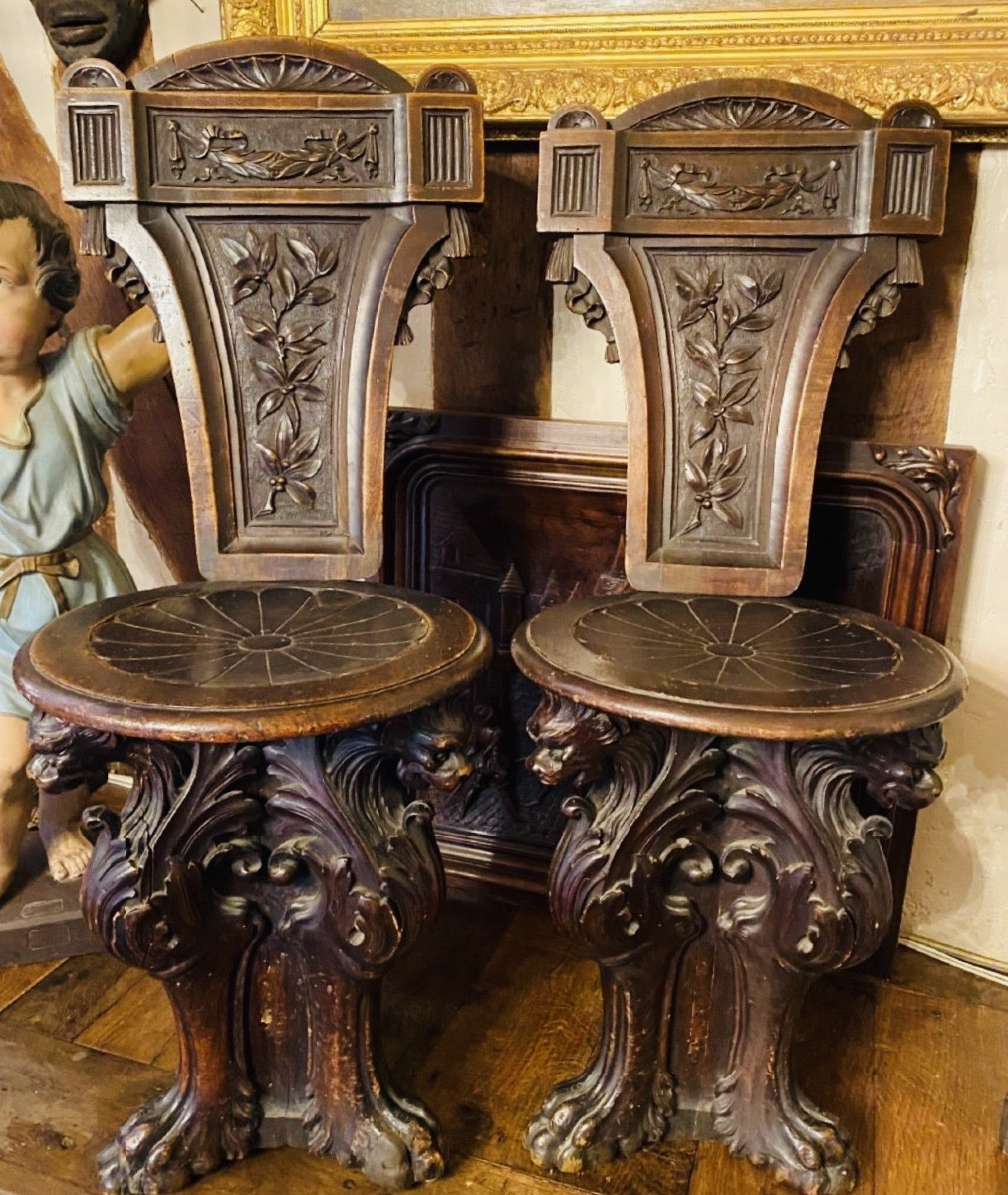 Pair Of Renaissance Style Walnut Or Sgabellis Chairs From The 19th Century-photo-4