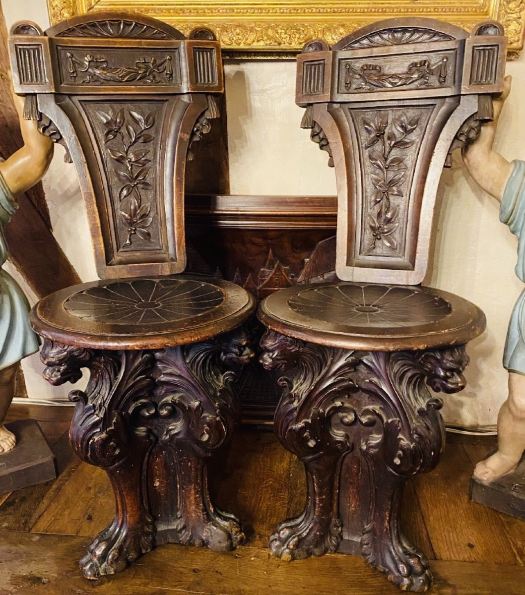 Pair Of Renaissance Style Walnut Or Sgabellis Chairs From The 19th Century