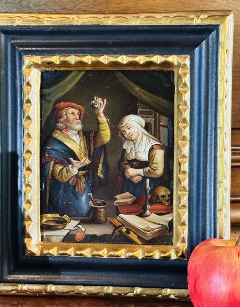 Scène d’alchimiste – Huile sur cuivre du XIXe siècle – Cadre ancien-photo-2