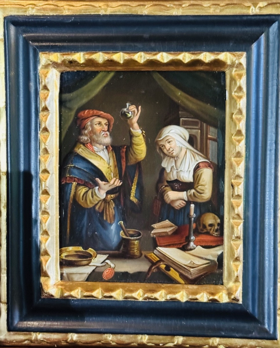 Scène d’alchimiste – Huile sur cuivre du XIXe siècle – Cadre ancien-photo-3