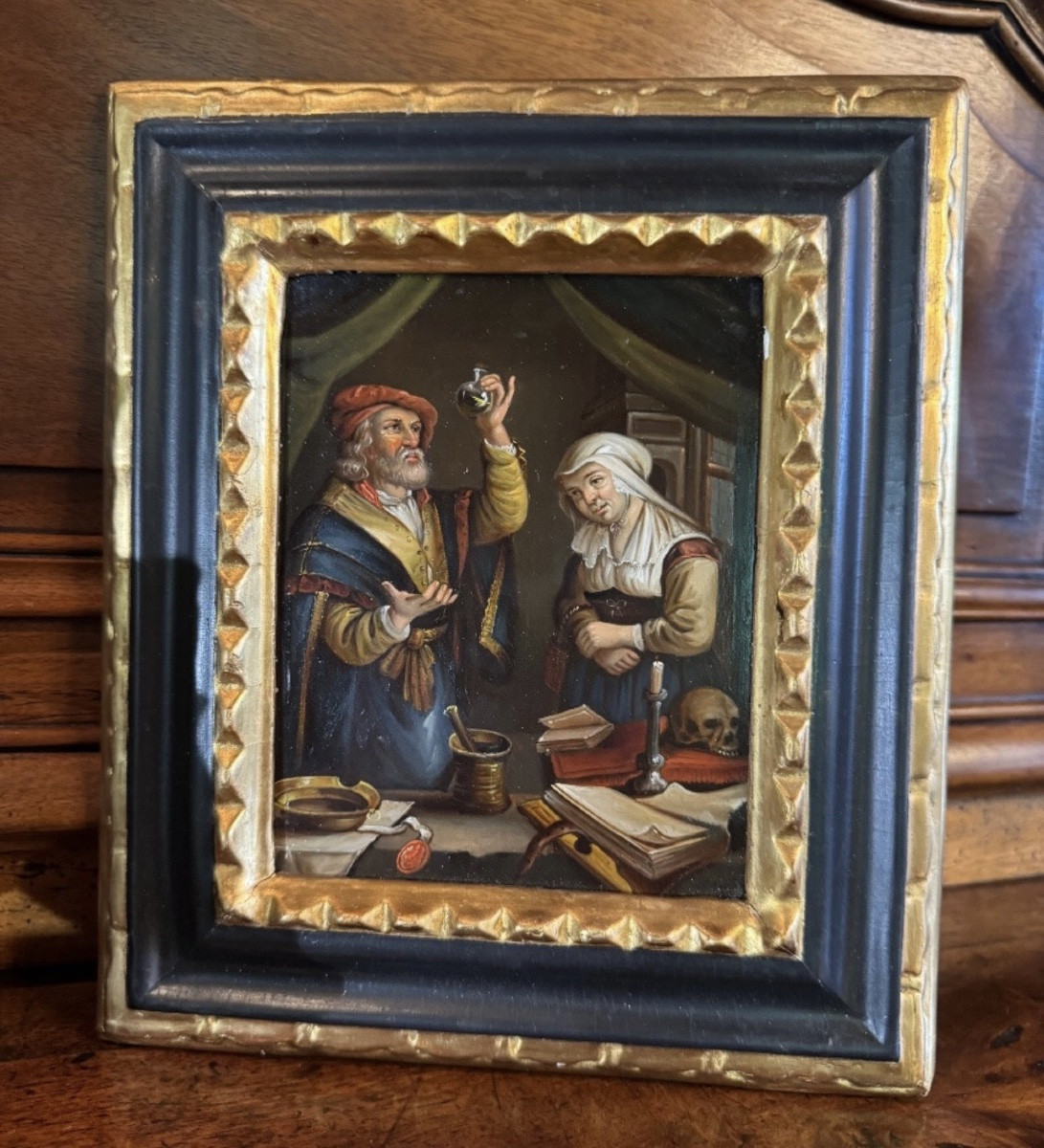 Scène d’alchimiste – Huile sur cuivre du XIXe siècle – Cadre ancien-photo-1