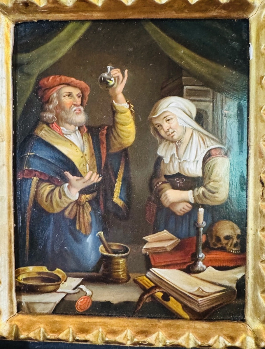 Scène d’alchimiste – Huile sur cuivre du XIXe siècle – Cadre ancien-photo-2