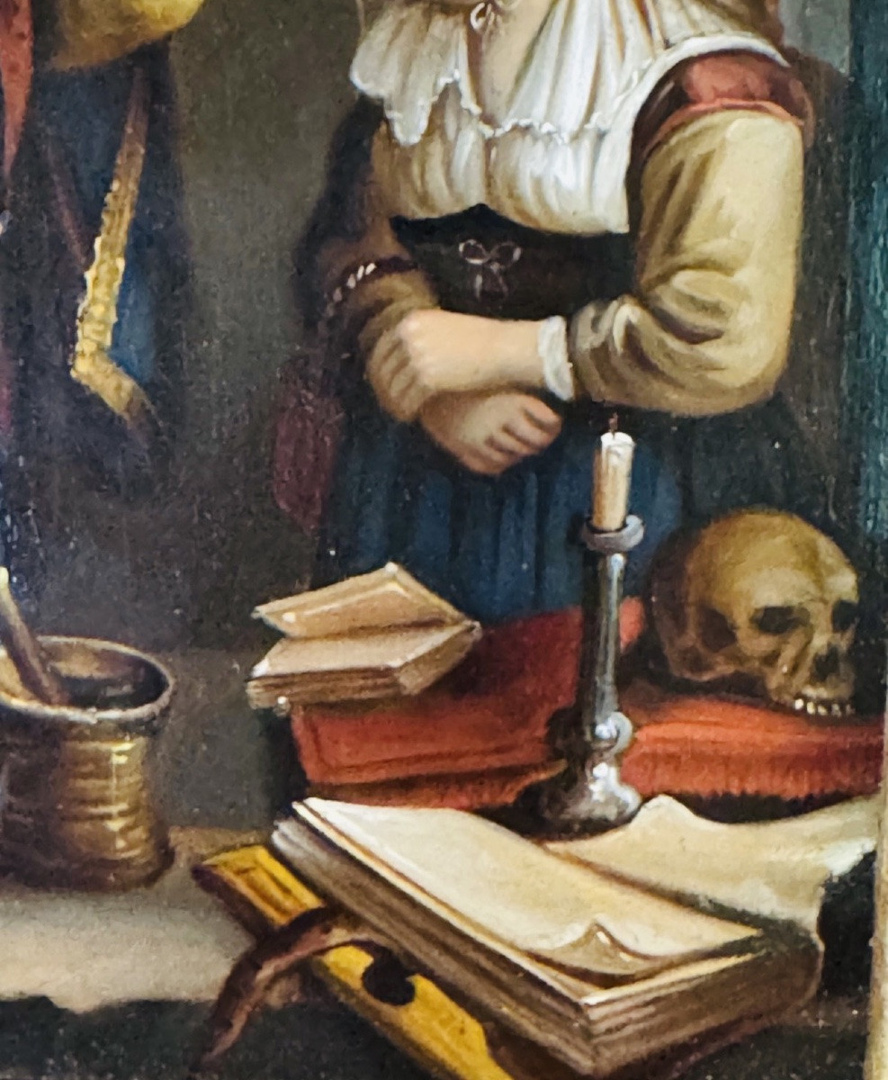 Scène d’alchimiste – Huile sur cuivre du XIXe siècle – Cadre ancien-photo-5