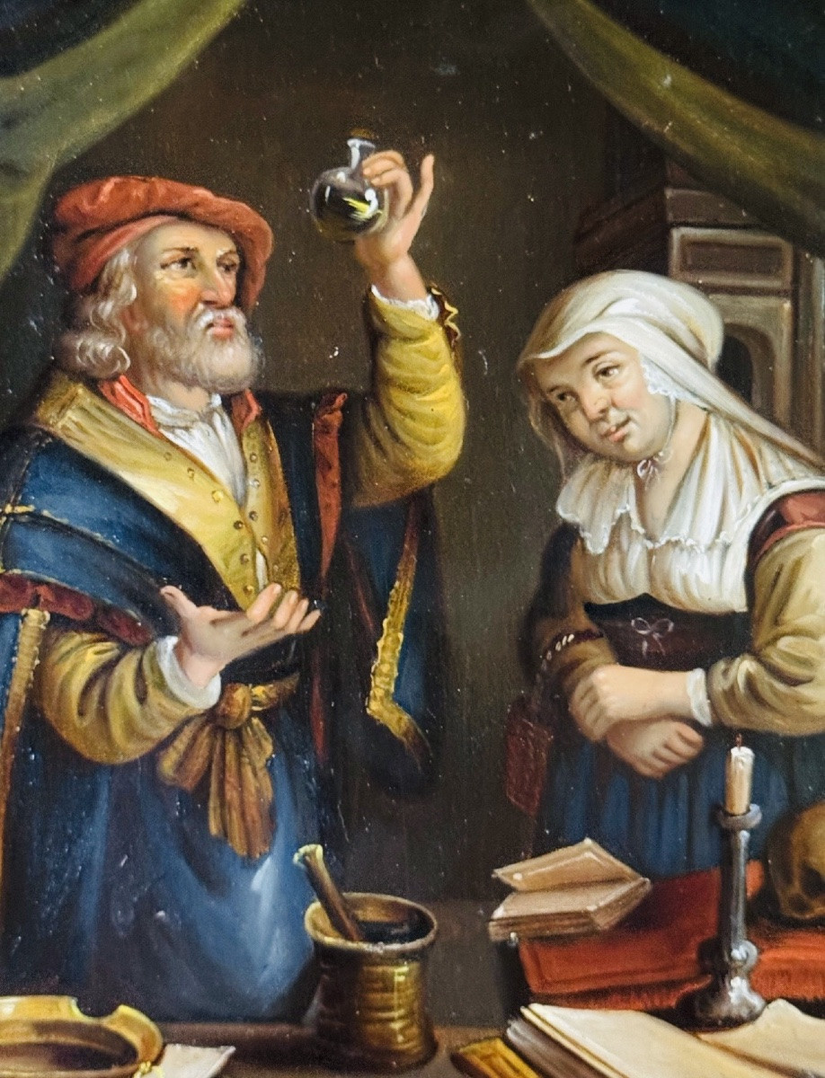 Scène d’alchimiste – Huile sur cuivre du XIXe siècle – Cadre ancien-photo-8