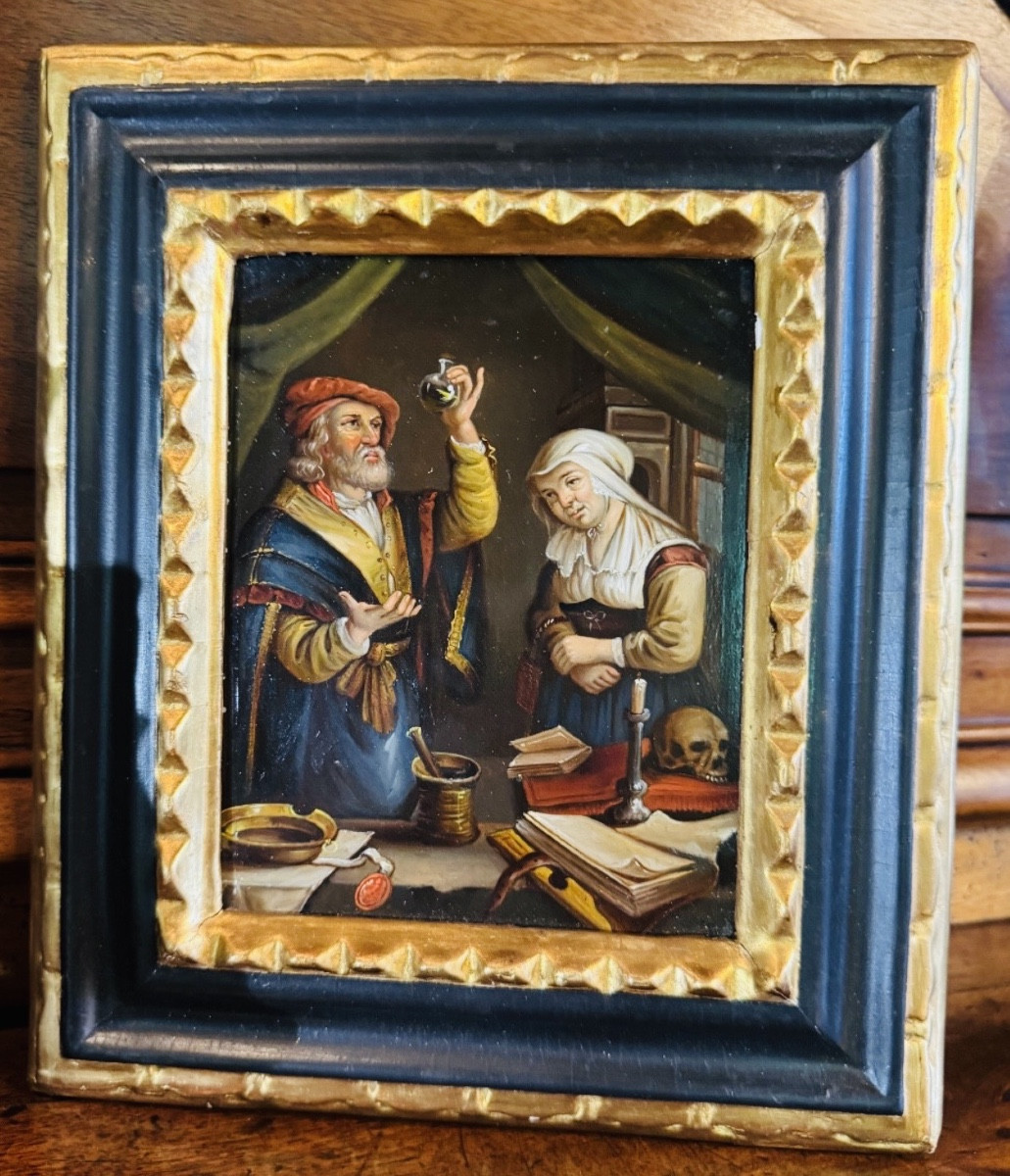 Scène d’alchimiste – Huile sur cuivre du XIXe siècle – Cadre ancien