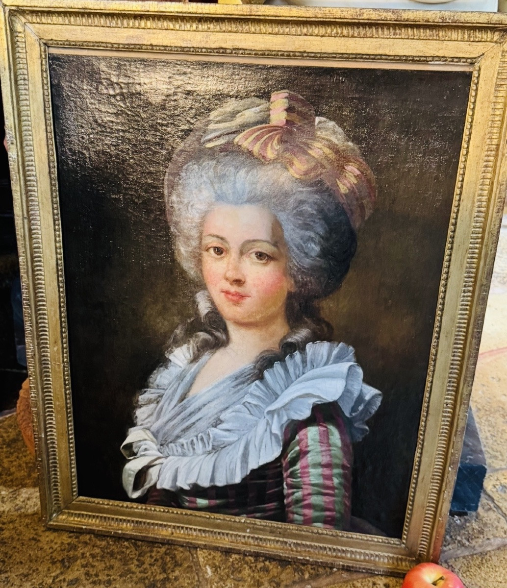 Période révolutionnaire, GRAND PORTRAIT DE DAME DE QUALITÉ EN ROBE À LA FRANÇAISE DU XVIII EME -photo-2