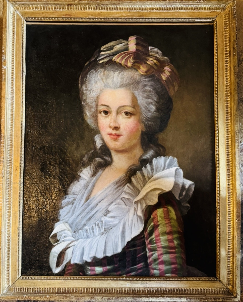 Période révolutionnaire, GRAND PORTRAIT DE DAME DE QUALITÉ EN ROBE À LA FRANÇAISE DU XVIII EME -photo-3