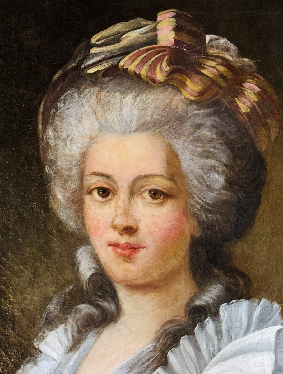 Période révolutionnaire, GRAND PORTRAIT DE DAME DE QUALITÉ EN ROBE À LA FRANÇAISE DU XVIII EME -photo-1