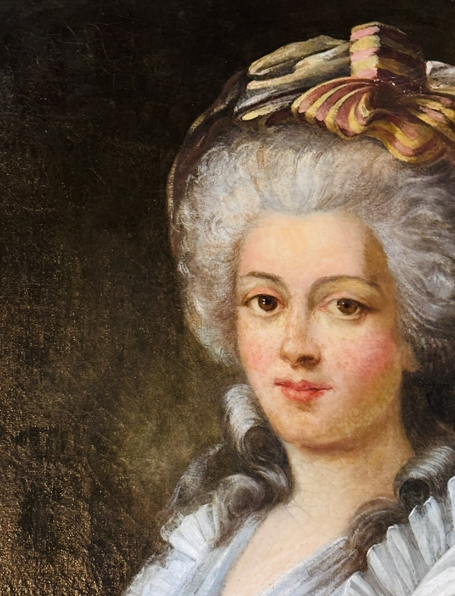 Période révolutionnaire, GRAND PORTRAIT DE DAME DE QUALITÉ EN ROBE À LA FRANÇAISE DU XVIII EME -photo-2