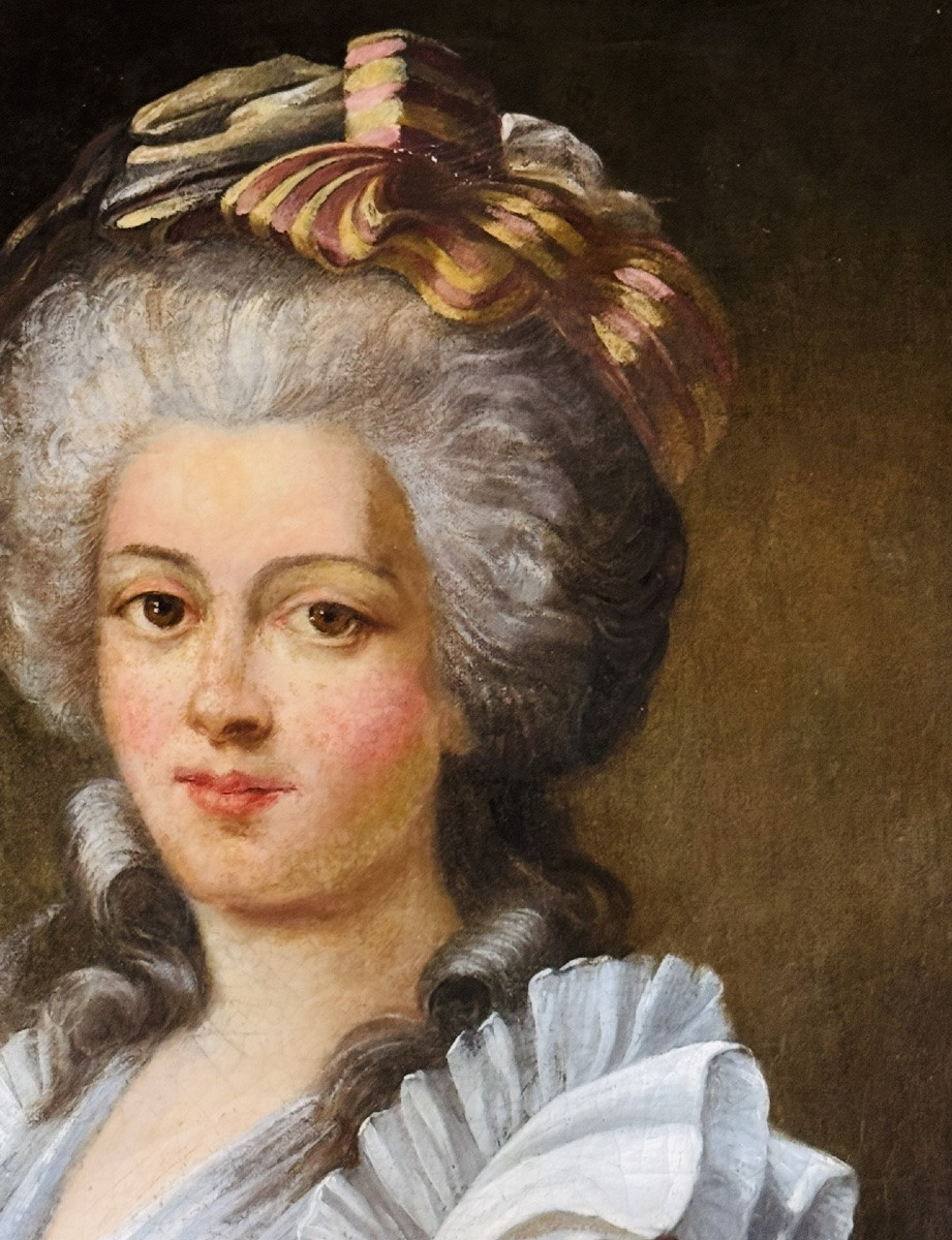 Période révolutionnaire, GRAND PORTRAIT DE DAME DE QUALITÉ EN ROBE À LA FRANÇAISE DU XVIII EME -photo-3