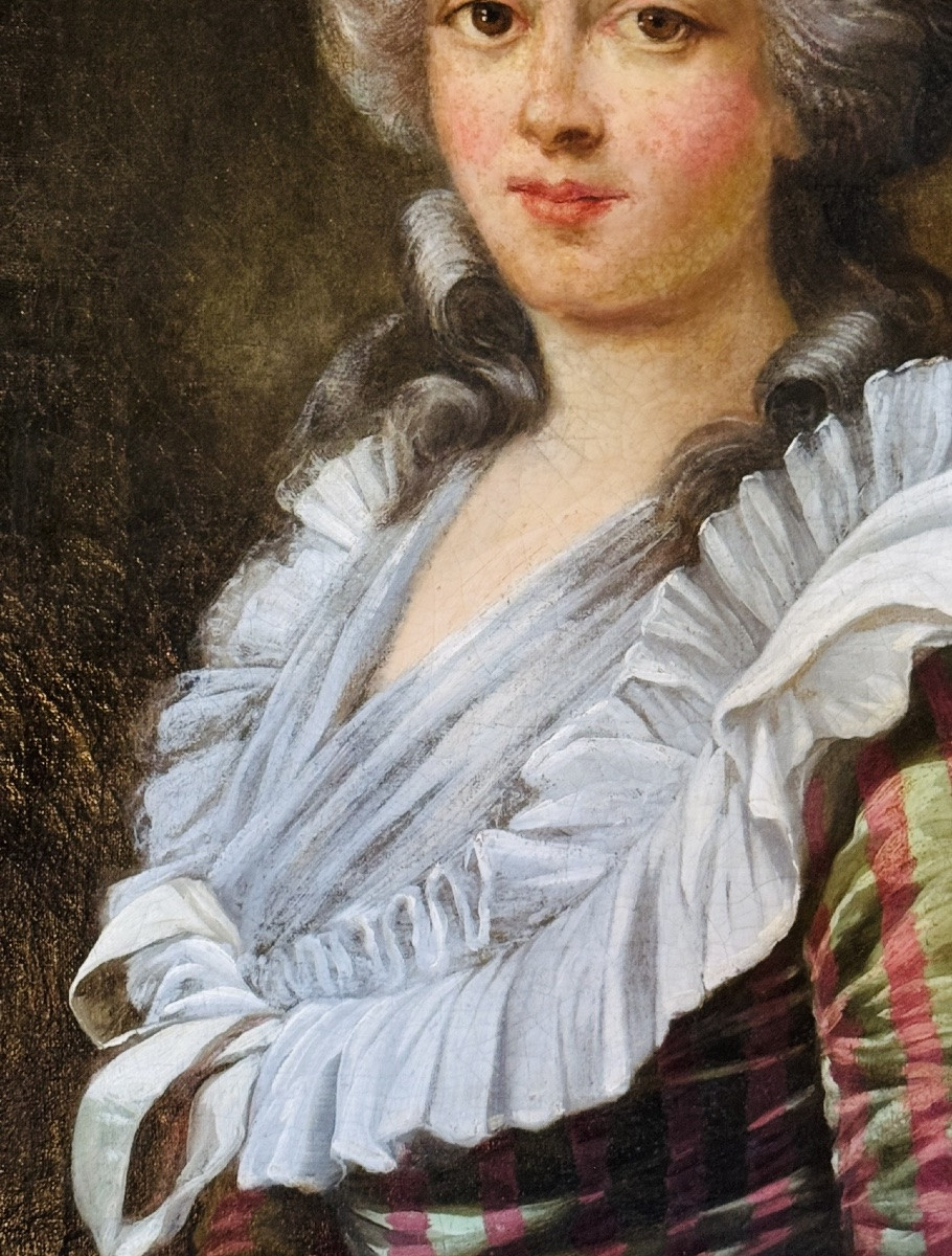 Période révolutionnaire, GRAND PORTRAIT DE DAME DE QUALITÉ EN ROBE À LA FRANÇAISE DU XVIII EME -photo-5