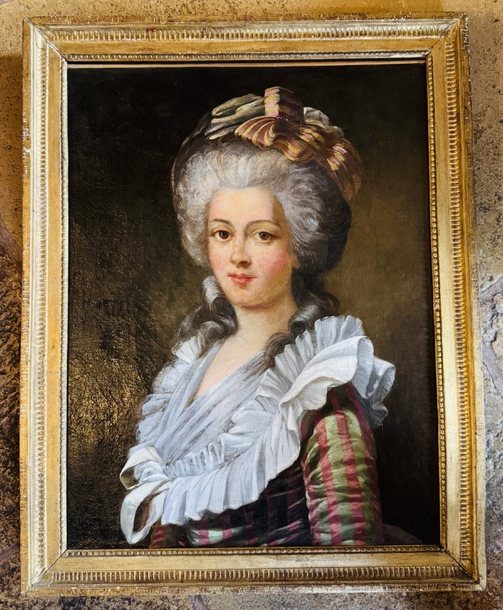 Période révolutionnaire, GRAND PORTRAIT DE DAME DE QUALITÉ EN ROBE À LA FRANÇAISE DU XVIII EME -photo-8