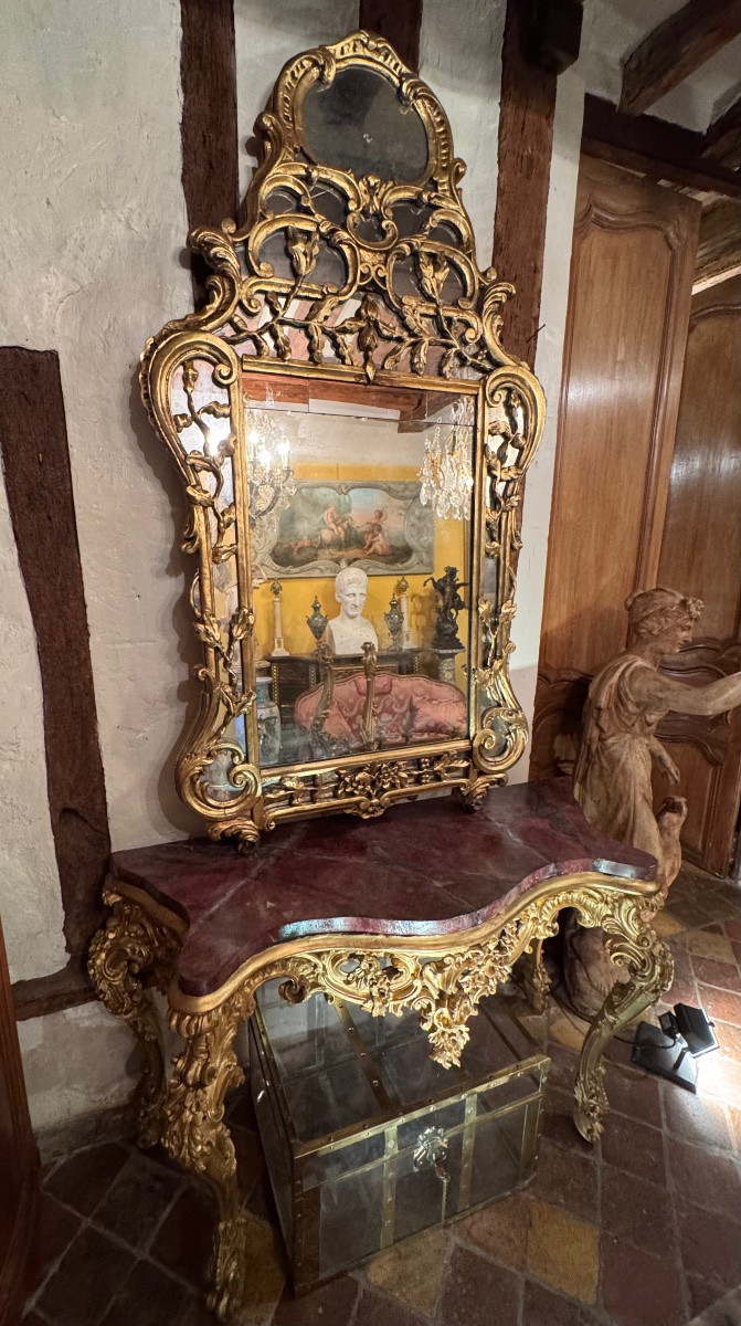 Important miroir à parecloses en bois doré, riche décor rocaille d'inspiration provençale, styl-photo-3