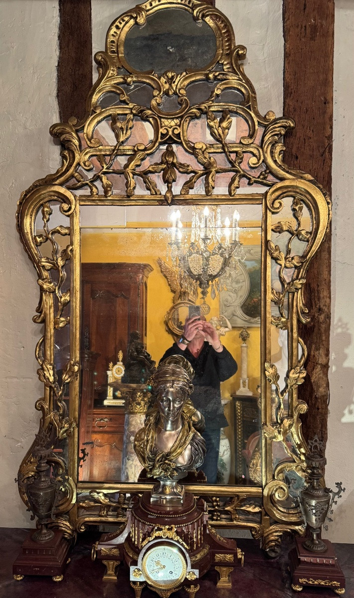 Important miroir à parecloses en bois doré, riche décor rocaille d'inspiration provençale, styl-photo-4