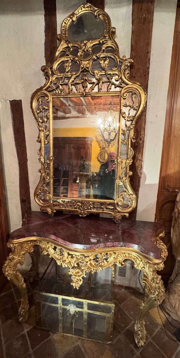 Important miroir à parecloses en bois doré, riche décor rocaille d'inspiration provençale, styl-photo-8