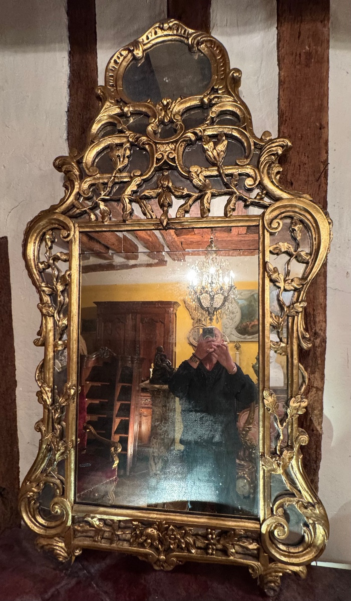 Important miroir à parecloses en bois doré, riche décor rocaille d'inspiration provençale, styl