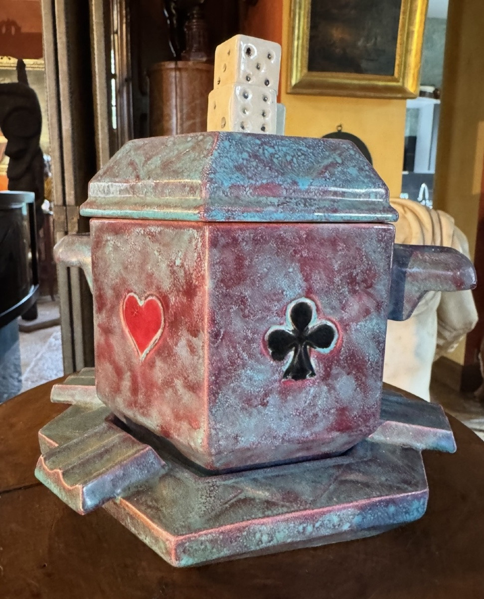 Nécessaire de fumeur Art Déco en faïence émaillée – décor jeu de cartes – vers 1930-1950-photo-2