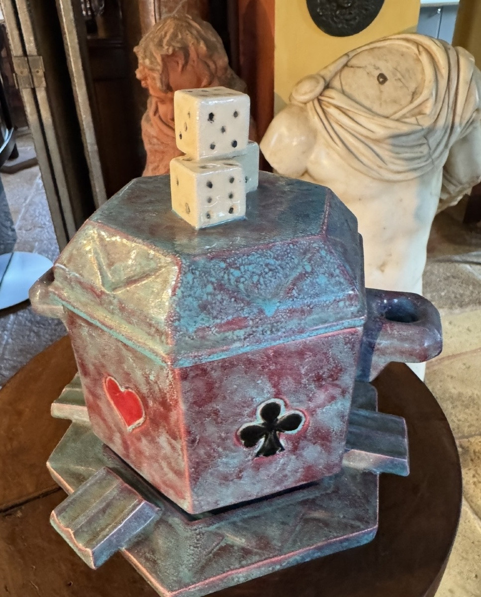 Nécessaire de fumeur Art Déco en faïence émaillée – décor jeu de cartes – vers 1930-1950-photo-3