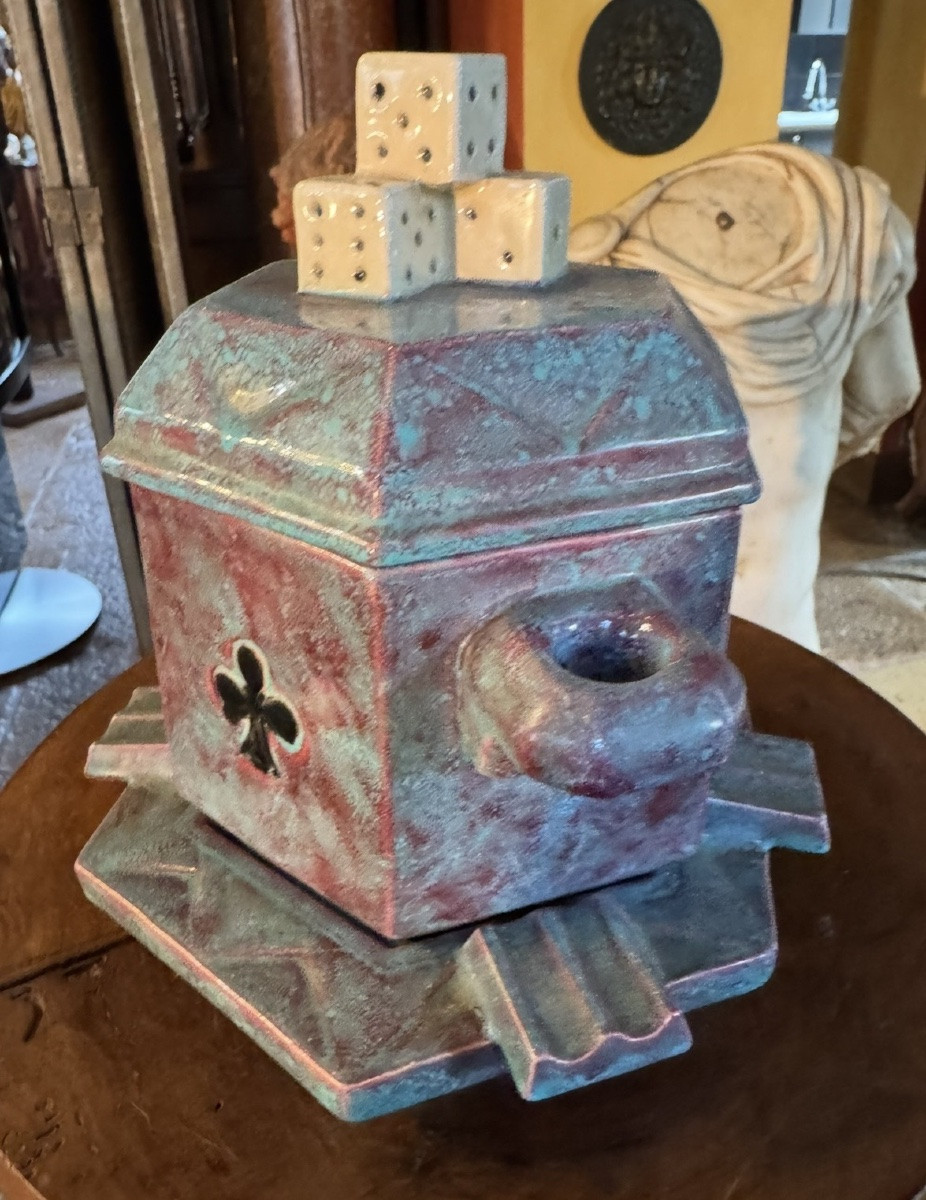 Nécessaire de fumeur Art Déco en faïence émaillée – décor jeu de cartes – vers 1930-1950-photo-4