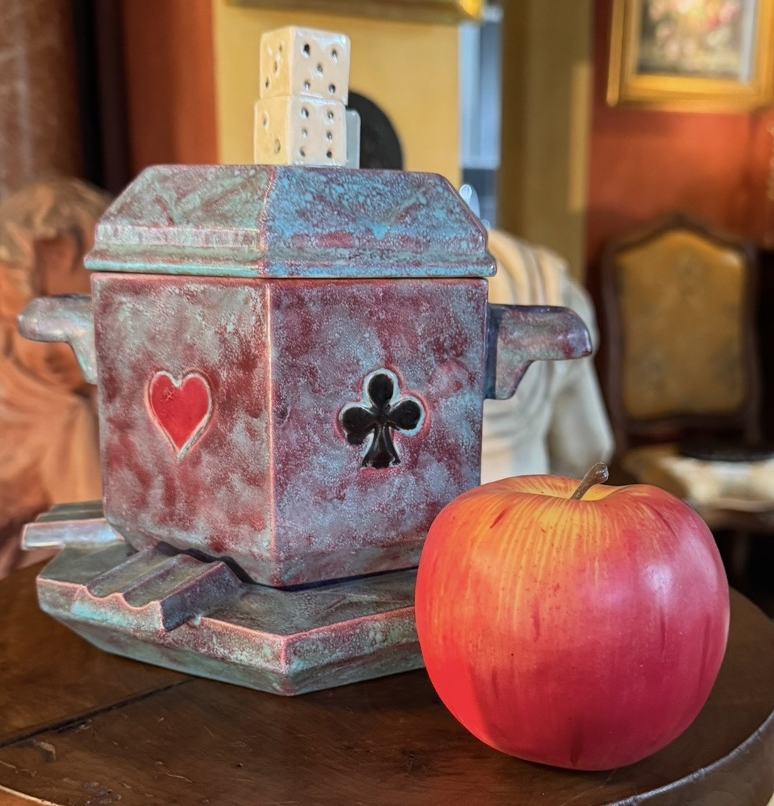 Nécessaire de fumeur Art Déco en faïence émaillée – décor jeu de cartes – vers 1930-1950-photo-1