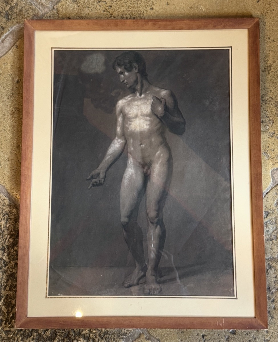 Académie d'homme d'après l'antique - Fusain, fin XIXe siècle-photo-3