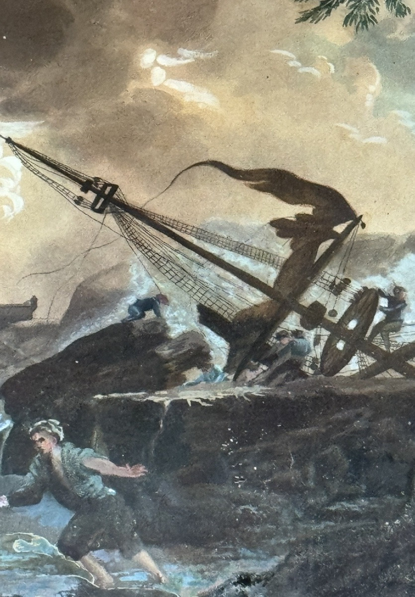 Scène de naufrage, gouache sur papier, fin XVIlle siècle, dans le goût de Horace Vernet-photo-5