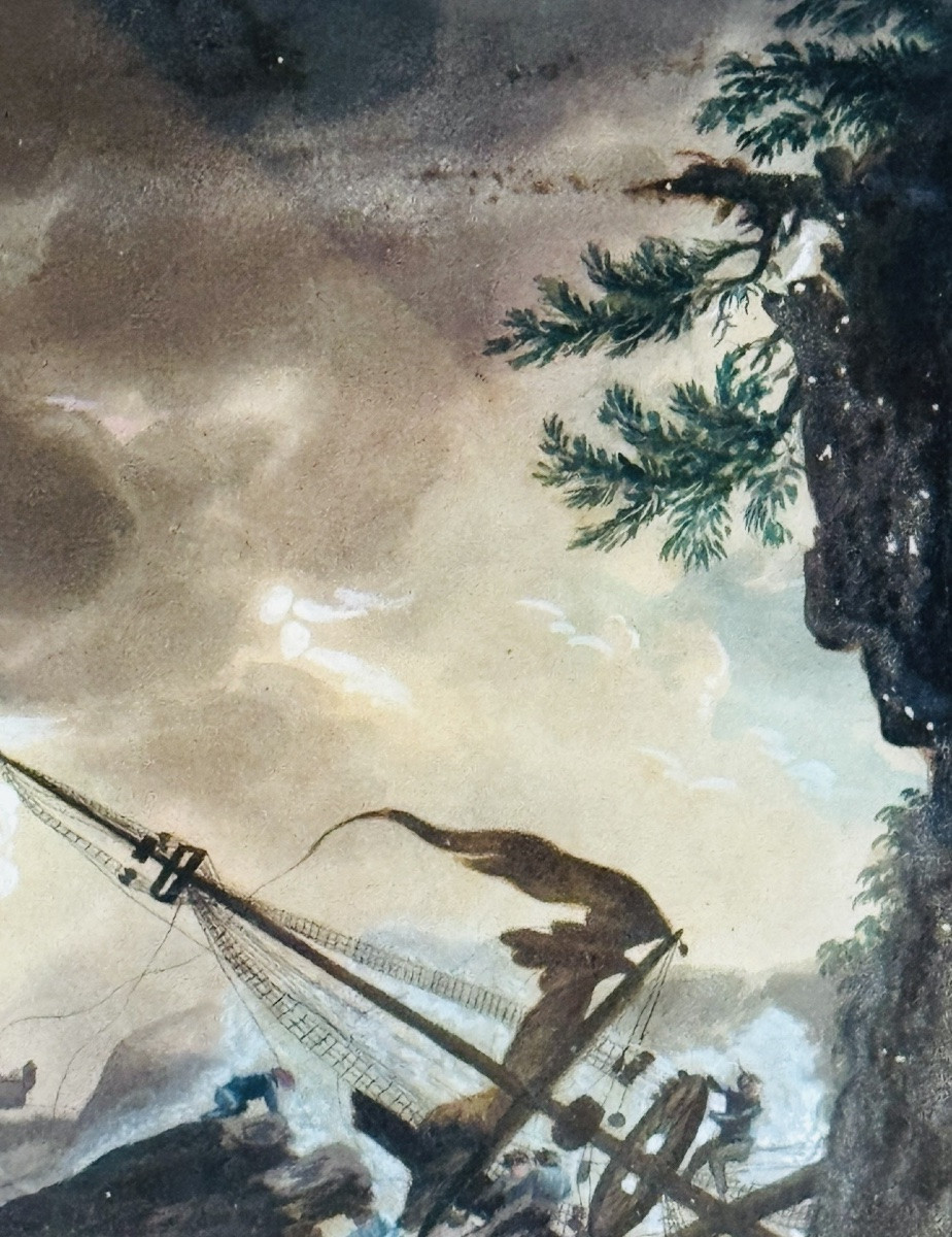 Scène de naufrage, gouache sur papier, fin XVIlle siècle, dans le goût de Horace Vernet-photo-8