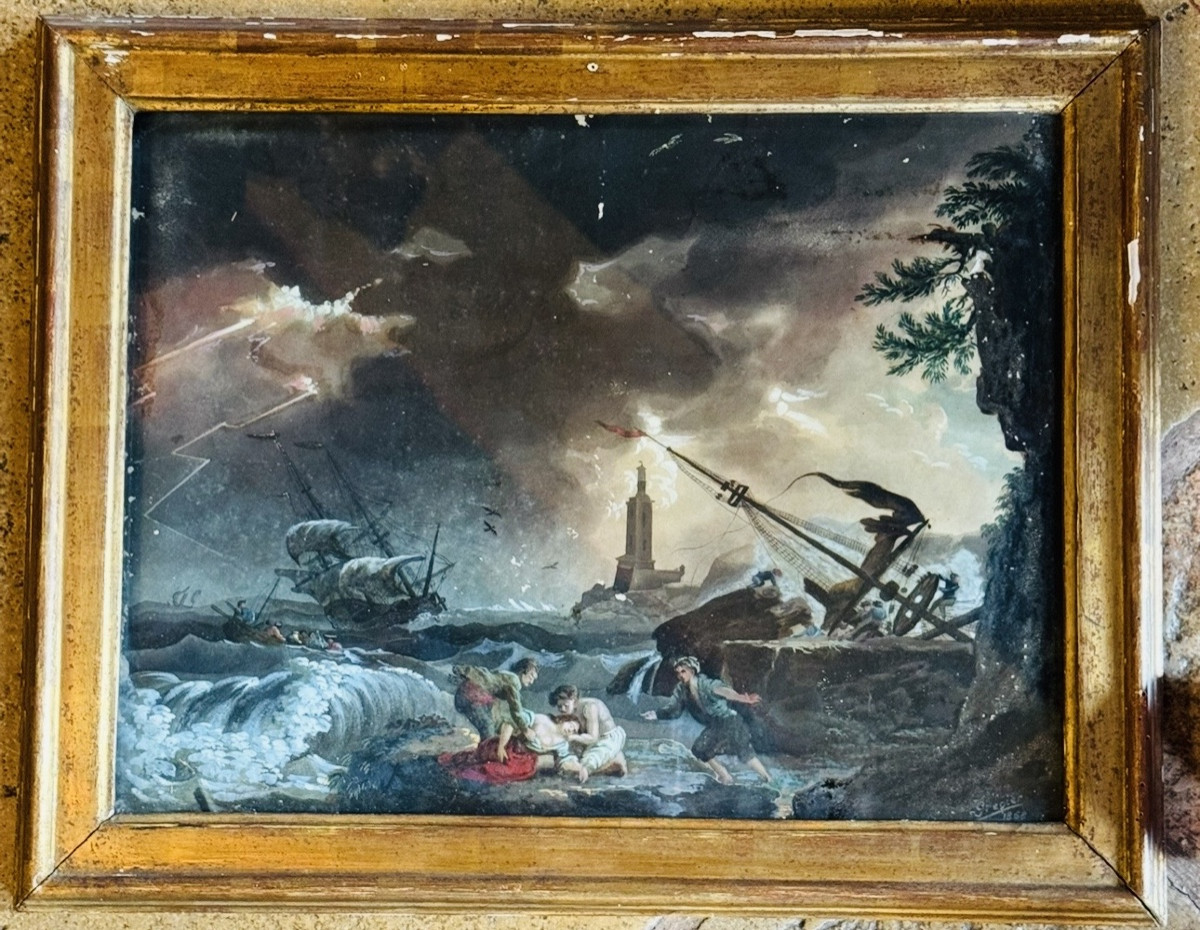 Scène de naufrage, gouache sur papier, fin XVIlle siècle, dans le goût de Horace Vernet
