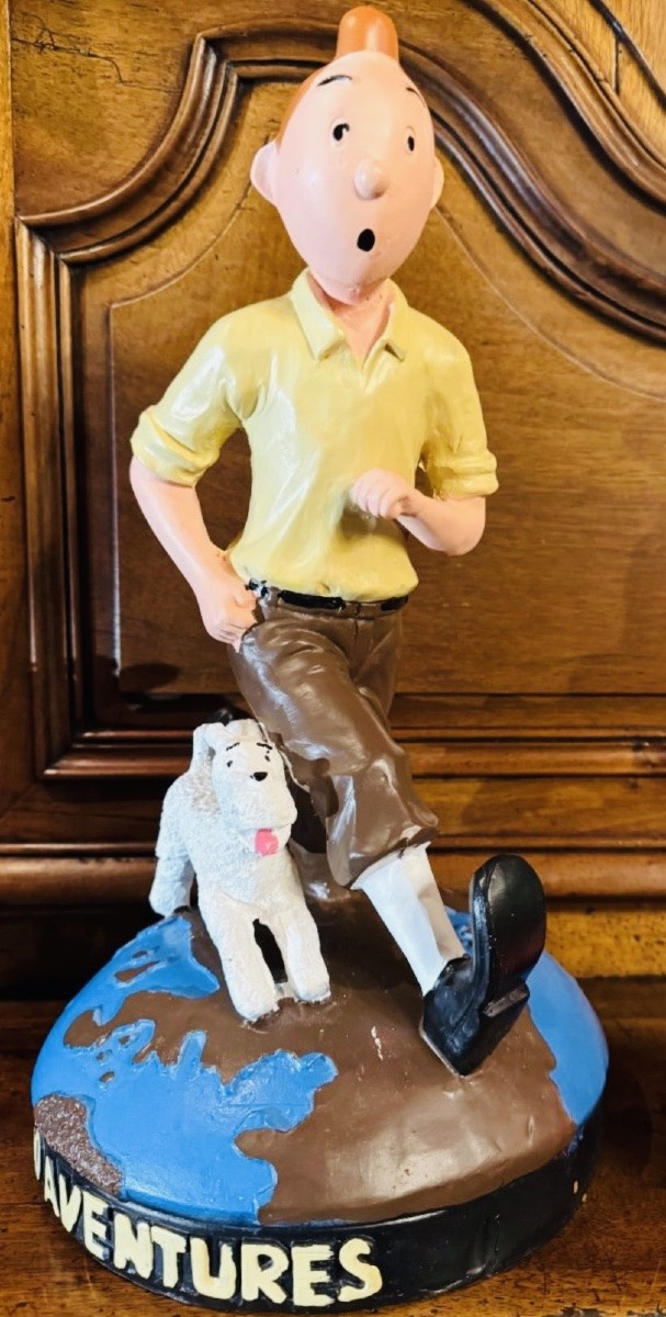 Tintin And Snowy Decorative Statuette - Advertising Sculpture, Resin And Wood, 1980s-photo-2