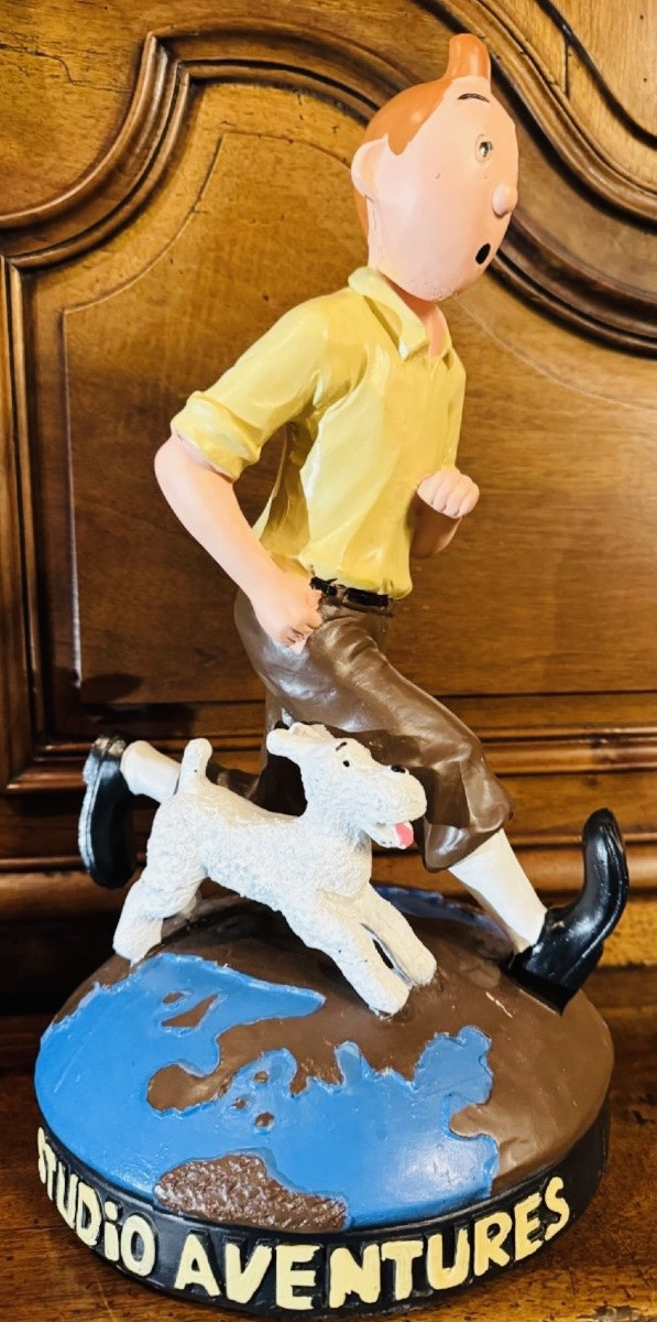 Tintin And Snowy Decorative Statuette - Advertising Sculpture, Resin And Wood, 1980s-photo-3
