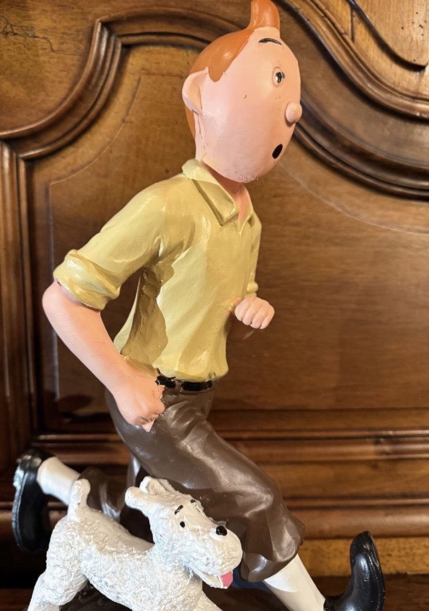 Tintin And Snowy Decorative Statuette - Advertising Sculpture, Resin And Wood, 1980s-photo-1