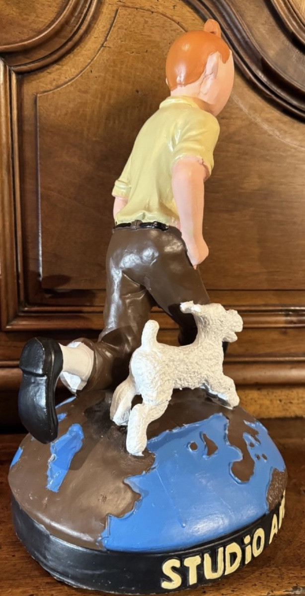 Tintin And Snowy Decorative Statuette - Advertising Sculpture, Resin And Wood, 1980s-photo-2