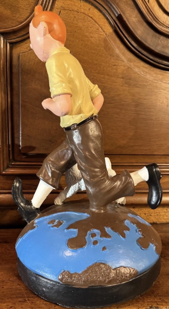 Tintin And Snowy Decorative Statuette - Advertising Sculpture, Resin And Wood, 1980s-photo-4