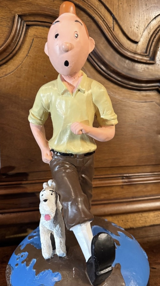 Tintin And Snowy Decorative Statuette - Advertising Sculpture, Resin And Wood, 1980s-photo-6