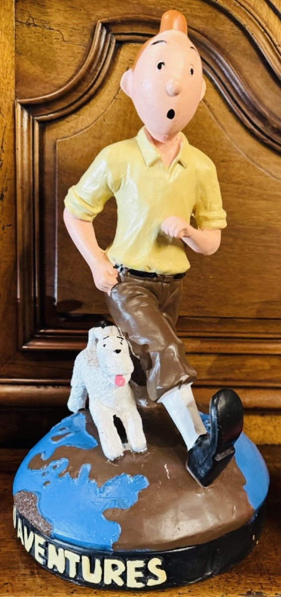 Tintin And Snowy Decorative Statuette - Advertising Sculpture, Resin And Wood, 1980s