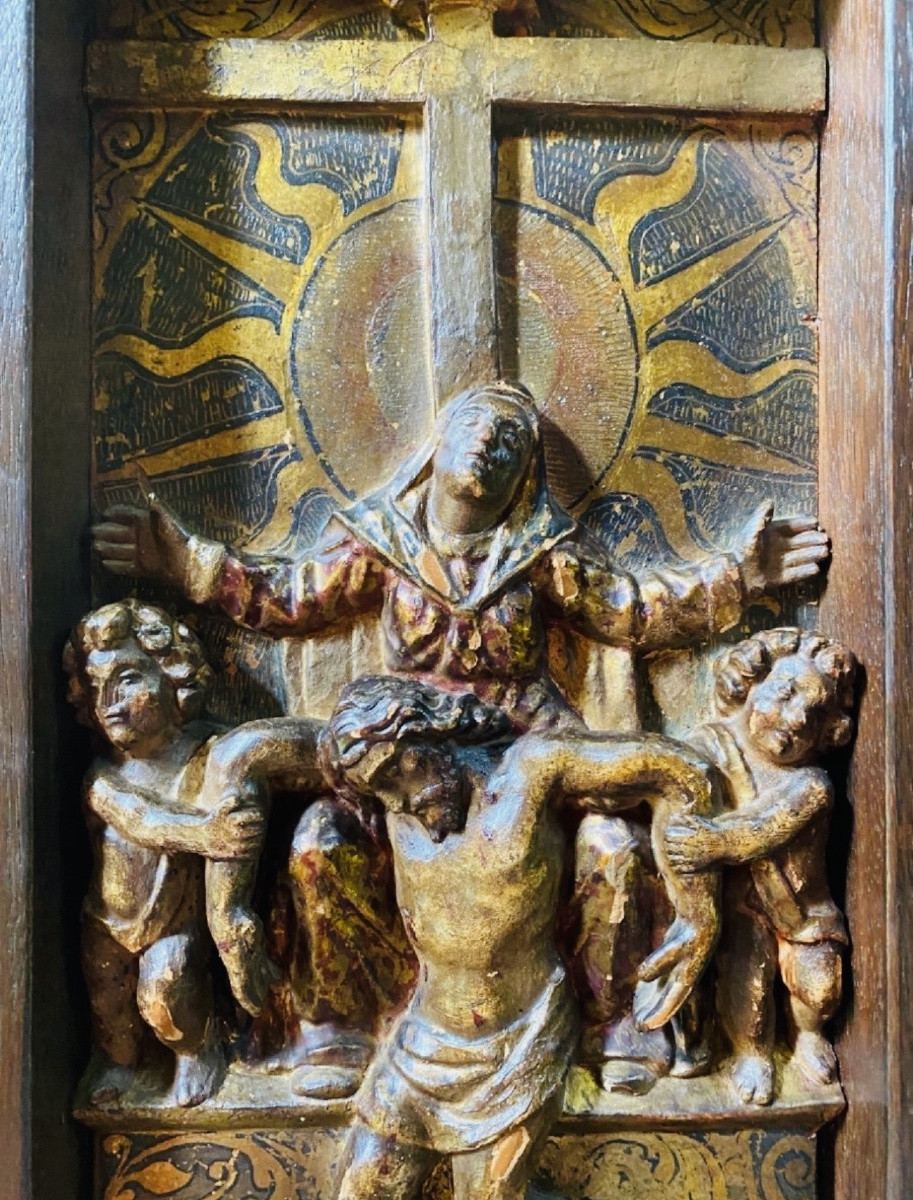 Carved And Polychrome Wooden Altarpiece - Central Europe, 18th Century-photo-1
