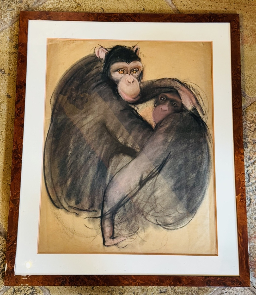 DESSIN DEUX CHIMPANZÉS ENLACÉS – TECHNIQUE MIXTE SUR PAPIER – XXe SIÈCLE