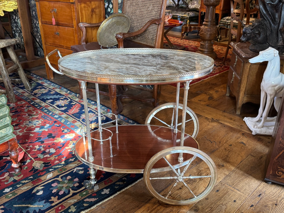 Silver-plated Metal And Marble Sideboard On Wheels, 1960s Regency-style Serving Table-photo-2