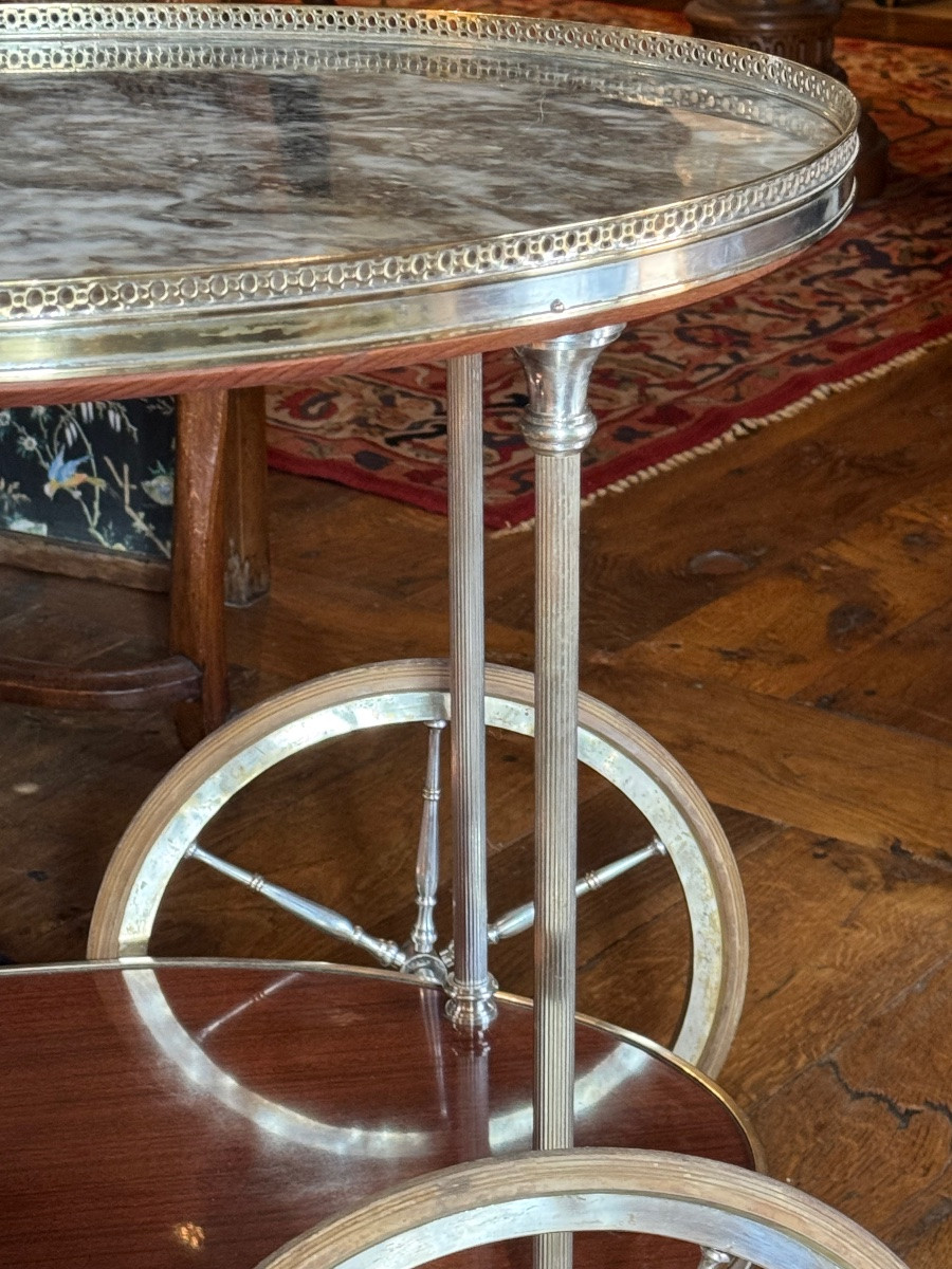 Silver-plated Metal And Marble Sideboard On Wheels, 1960s Regency-style Serving Table-photo-2