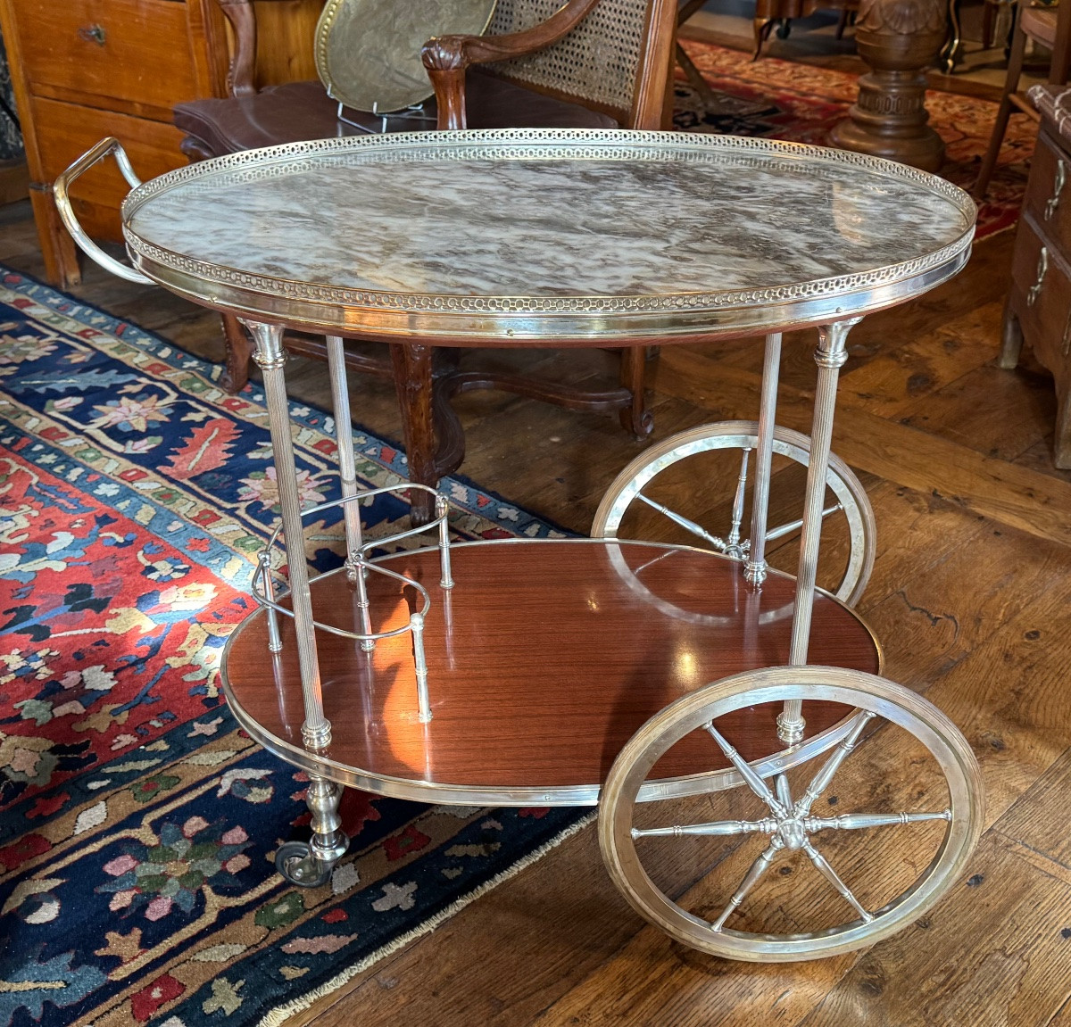 Silver-plated Metal And Marble Sideboard On Wheels, 1960s Regency-style Serving Table-photo-3
