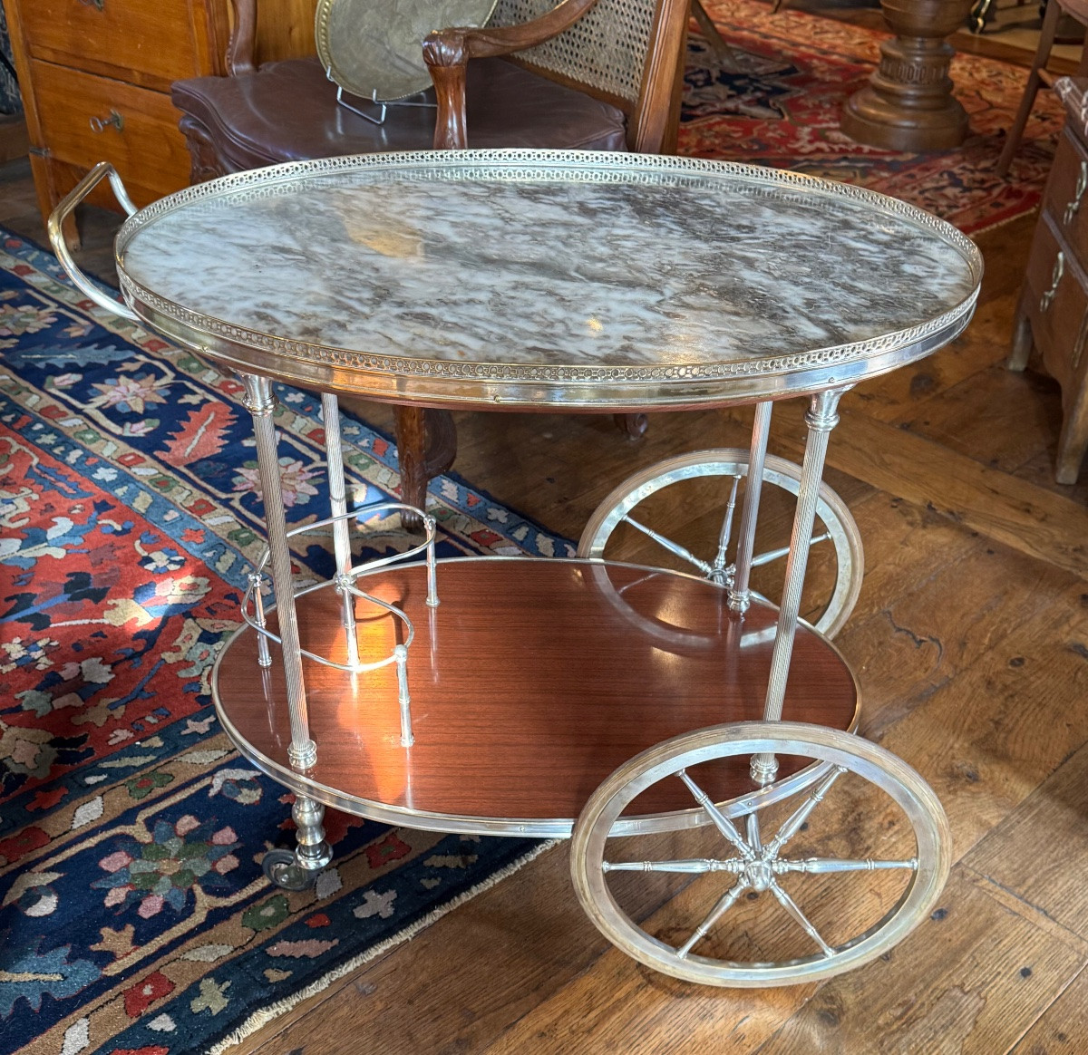 Silver-plated Metal And Marble Sideboard On Wheels, 1960s Regency-style Serving Table-photo-4