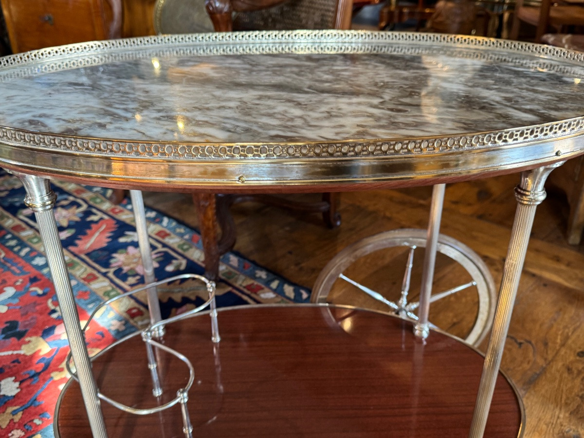 Silver-plated Metal And Marble Sideboard On Wheels, 1960s Regency-style Serving Table-photo-6