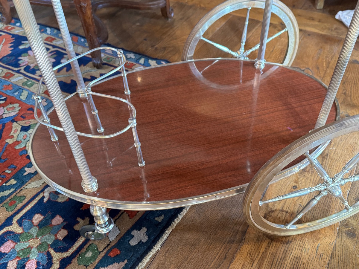 Silver-plated Metal And Marble Sideboard On Wheels, 1960s Regency-style Serving Table-photo-7