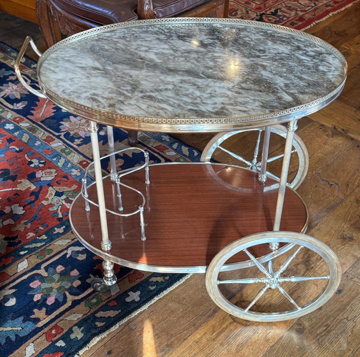 Silver-plated Metal And Marble Sideboard On Wheels, 1960s Regency-style Serving Table