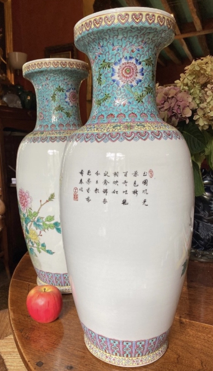 Large Pair Of Chinese Porcelain Vases, Famille Rose, XX Th Century-photo-4