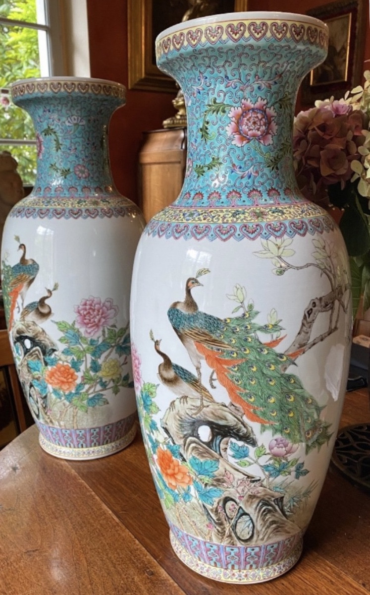 Large Pair Of Chinese Porcelain Vases, Famille Rose, XX Th Century