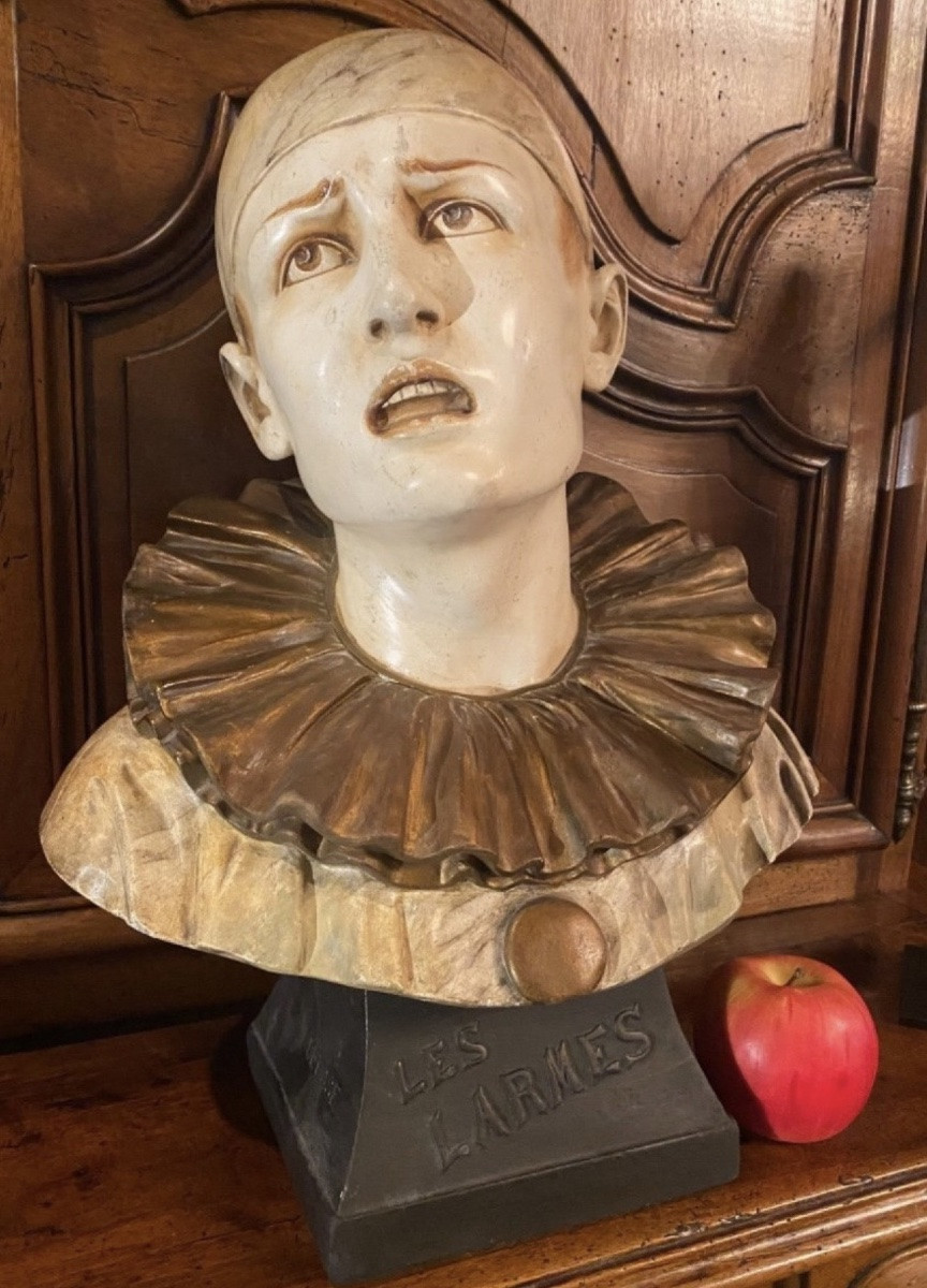 Les Larmes, Large Polychrome Plaster Bust Of Pierrot-photo-2