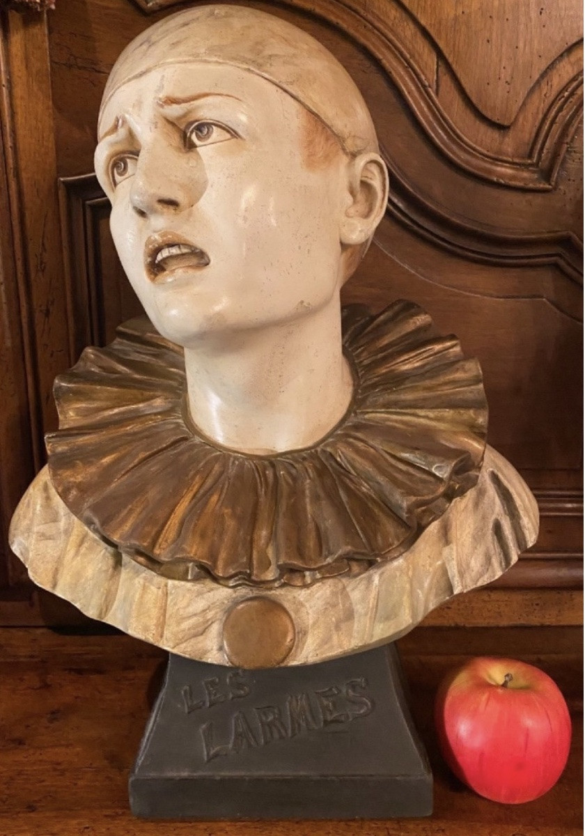 Les Larmes, Large Polychrome Plaster Bust Of Pierrot-photo-3
