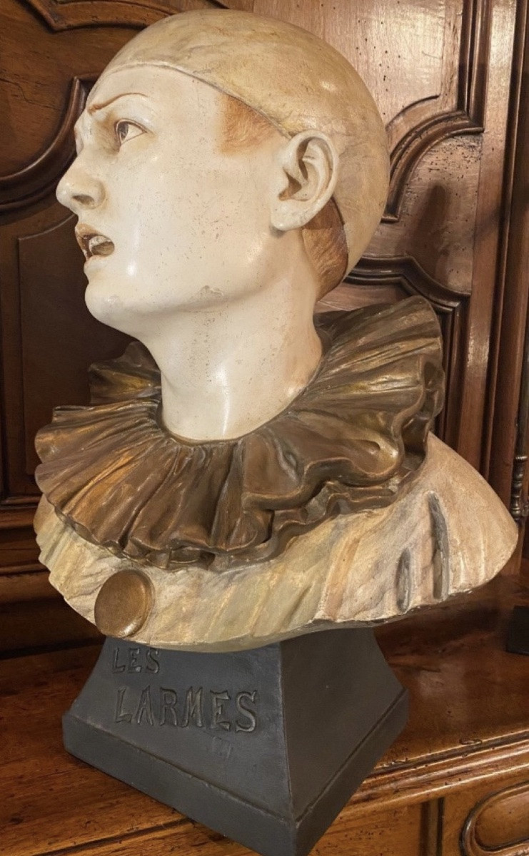 Les Larmes, Large Polychrome Plaster Bust Of Pierrot-photo-1